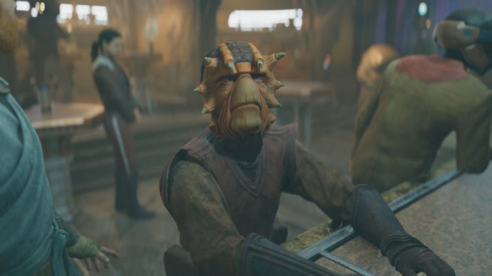 A Prospector sits at the bar of Pyloon's Saloon in Jedi: Survivor.