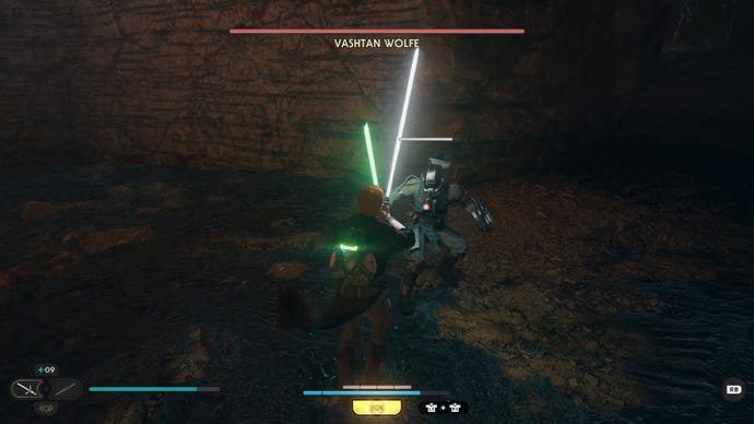 Cal fights Vashtan Wolfe, a Bedlam Raider armed with a green lightsaber, inside Wolfe's Lair on Koboh in Jedi: Survivor.
