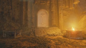 A large door in a cave, flanked by two braziers, in Jedi: Survivor.