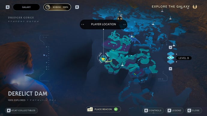 Part of the map of Koboh in Jedi: Survivor, with the location of Vashtan Wolfe's Lair marked.