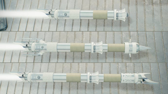 Three screenshots of a white lightsaber design in Jedi: Survivor in different stances. From top to bottom: Single, Crossguard, Double-Bladed.