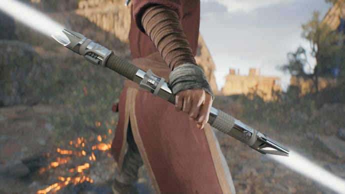 A close-up screenshot of a white-bladed lightsaber in Cal's hand in Jedi: Survivor.