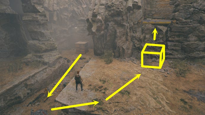 An aerial view of part of the Winding Ravine puzzle in Jedi: Survivor, with annotations and arrows showing where a particular cube needs to be pushed in order to reach a higher ledge.