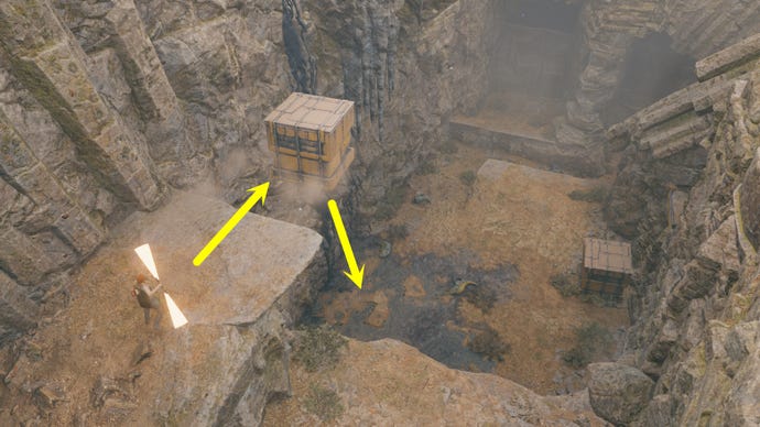 Una vista aérea de parte del rompecabezas de Winding Ravine en Jedi: Survivor, con anotaciones y flechas que muestran dónde se debe empujar un cubo en particular desde un acantilado.