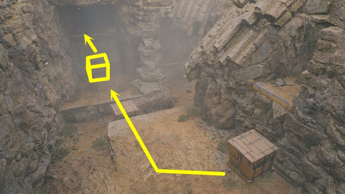 Una vista aérea de parte del rompecabezas de Winding Ravine en Jedi: Survivor, con anotaciones y flechas que muestran dónde se debe empujar un cubo en particular para alcanzar una repisa más alta.
