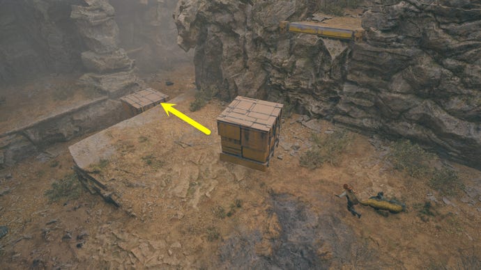 Una vista aérea de parte del rompecabezas de Winding Ravine en Jedi: Survivor, que muestra cómo se debe empujar un cubo encima de otro.