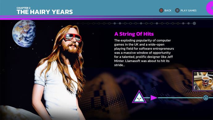 A screenshot from the history game of Jeff Minter's Llamasoft work. It shows a photo of a young Jeff next to a sliding timeline. He's got shades on, his trademark long hair, and he looks cool.