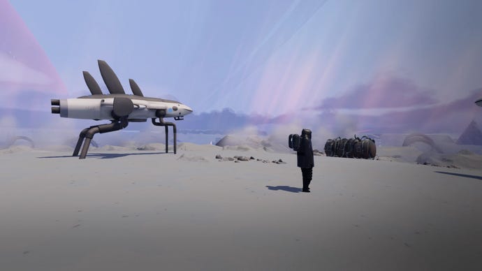 A spacefarer walks beside their jett ship in Jett: The Far Shore