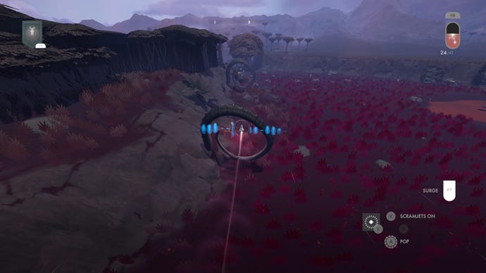 A small spaceship flies through a circular vine in Jett: The Far Shore
