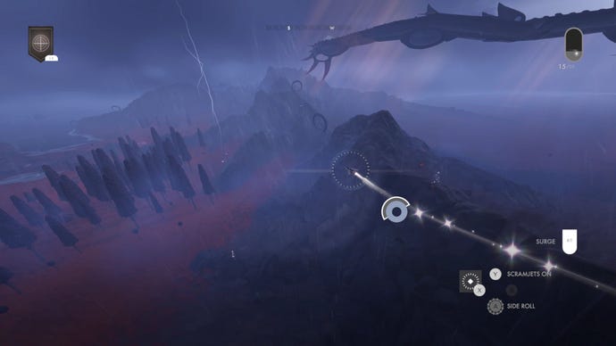 A small spaceship flies across a stormy planet in Jett: The Far Shore