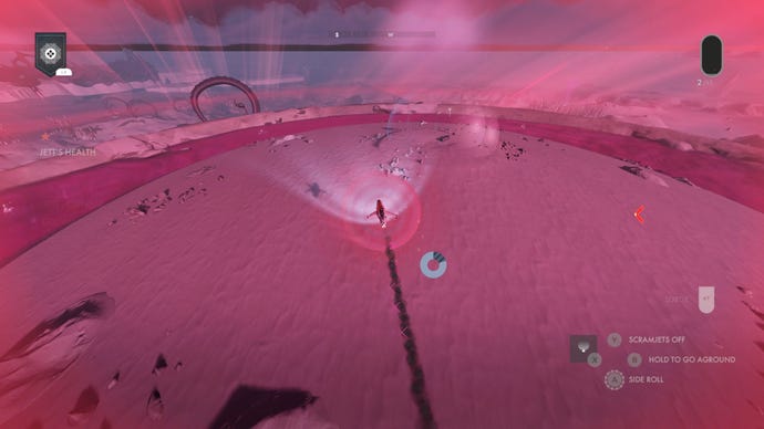 A ship flies over a pinkish planet surface in Jett: The Far Shore