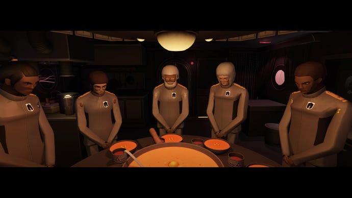 Scouts pray together around a table filled with soup in Jett: The Far Shore.