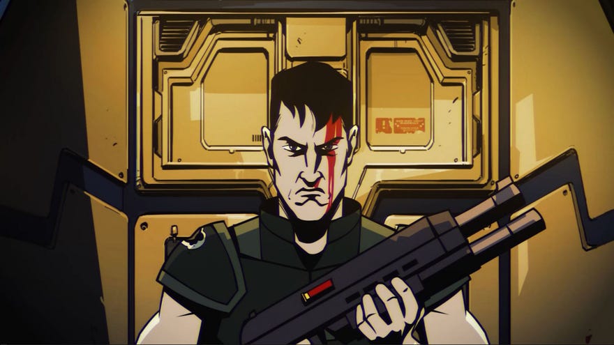 A soldier man looks angry while holding a gun in Jupiter Hell