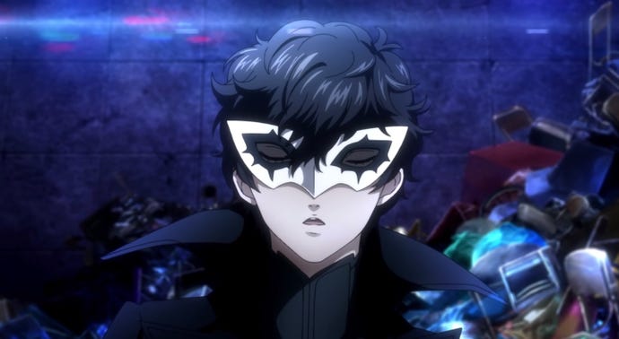 Joker closes his eyes before a battle in Persona 5 Strikers.