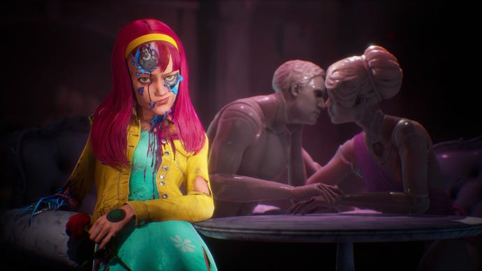 A faction leader in Judas, a young woman with primary coloured clothes and pink hair, but whose skin is peeling away to reveal she is a kind of advance android or robot