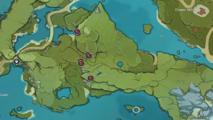 Genshin Impact Jueyun Chili locations: A map showing rivers and a valley with chili locations marked in the central hills