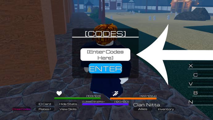 Arrow pointing at the codes menu in the Roblox game Jujutsu Chronicles.