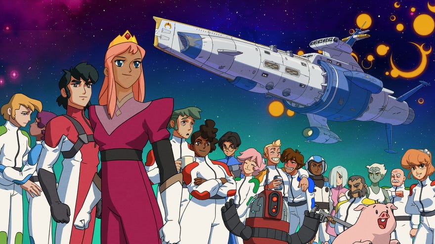 Artwork for Jumplight Odyssey showing a princess, her crew and her spaceship above