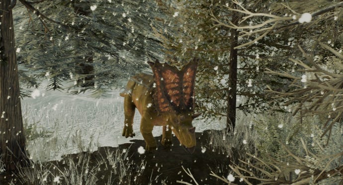 A triceratops in Jurassic World Evolution 2, majestically walking through a snowy pine forest