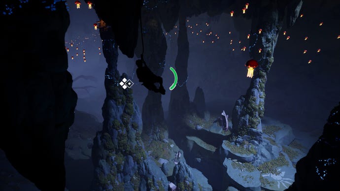 An underground cavern in Jusant, showing glowing jellyfish creatures floating in the air