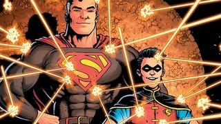 Cropped image of Dark Crisis Superman, featuring an aged Superman standing side by side with Jonathan Kent in a Robin-esque costume