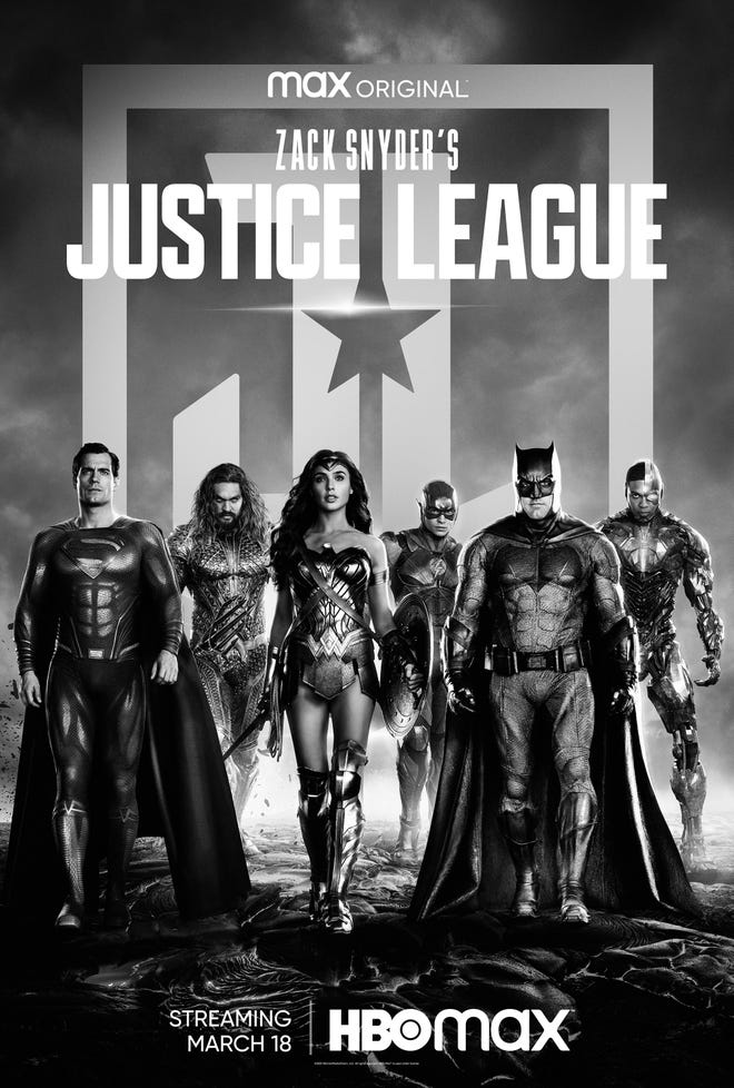 Zack Snyder's Justice League monochromatic HBO movie poster, Superman, Aquaman, Wonder Woman, The Flash, Batman, and Cyborg are standing in a staggered row