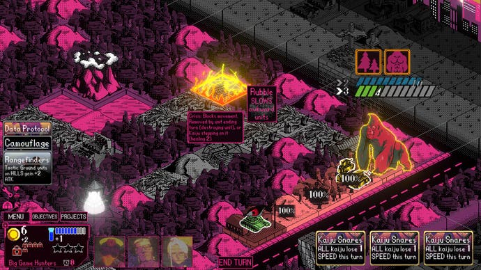 Kaiju Wars review - A closer view of a pink, purple and grey coloured map with lots of hills and forest, as the King Kong-like monster looks to move towards a lone tank.