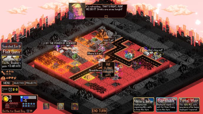 Kaiju Wars review - a red square battlefield with some flaming tiles and a lighter pink outline. Lots of dialogue, at the top is the eye-patched hero saying "It's retreating... THAT'S RIGHT, RUN! WE DID IT! Drinks are on me tonight!" Others are from the little buildings, reading "BY THE POWER OF SCIENCE", "Where'd it go?", "Keep it up!", "And stay out!", and "Breakthrough"