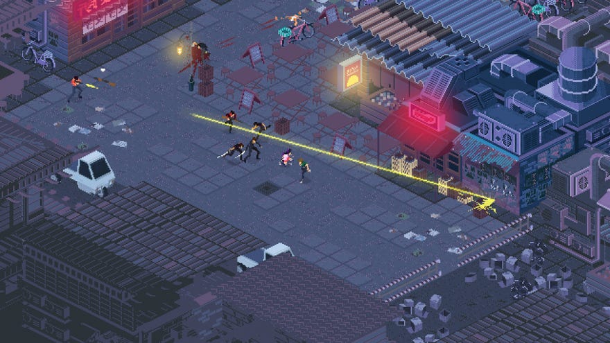 Kate: Collateral Damage - Kate and Ani run through a city block together in a top-down pixel game dodging enemy bullets and swords