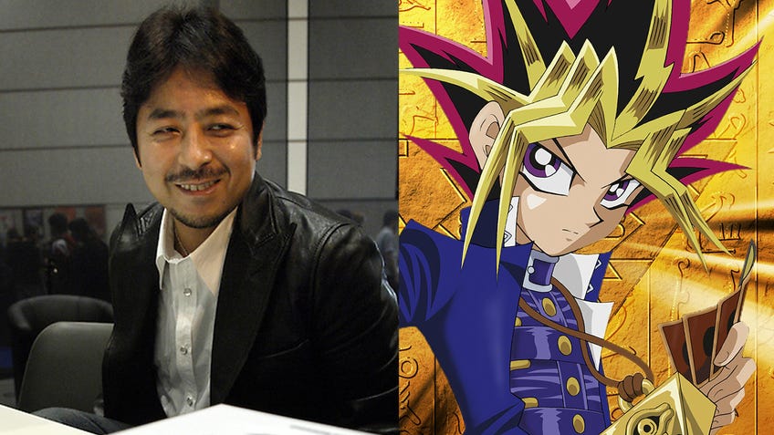 An image of the creator of the Yu-Gi-Oh! manga Kazuki Takahashi with Yu-Gi-Oh! artwork