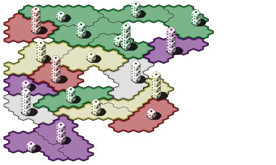 An image of Kdice, showing stacks of dice on a map of divided, differently coloured territories.