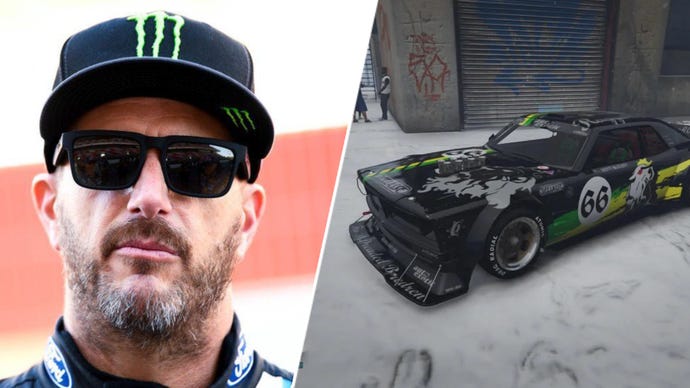 Rally Driver Ken Block crossed with an in-game recreation of his Mustang following his death.