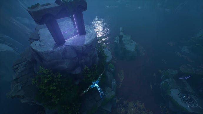 An establishing shot of part of the Warrior Path in Kena: Bridge Of Spirits showing a portal on top of a small mountain.
