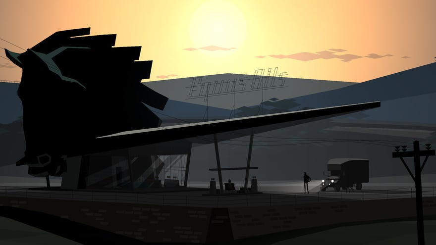 An angular petrol station at sunset in Kentucky Route Zero