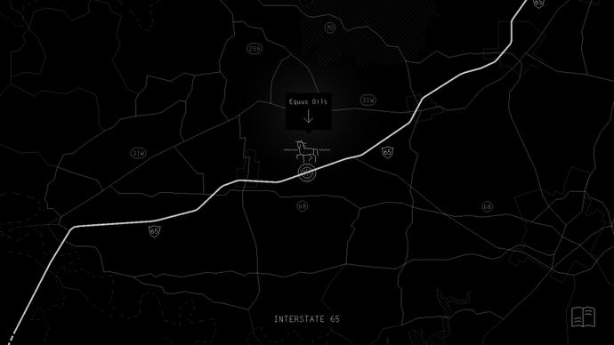 Kentucky Route Zero's minimalist map uses a stark black background and white lines and icons to represent the wider world of its game outside of specific environments.