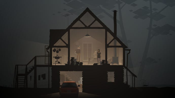 Conway and Shannon stand in the upper floor of the Márquez Farmhouse at night in an early scene from Kentucky Route Zero. The farmhouse is shown in cut-away like a doll's house.