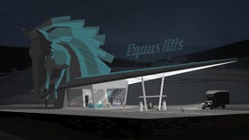 The opening scene of Kentucky Route Zero sees a truck parked at the edge of a gas station named Equus Oils, which is absolutely dominated by the giant statue head of a horse just behind it.