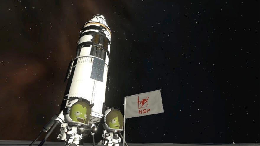 Two space-suited Kerbals plant the flag of Kerbin on a seemingly uninhabitable planet in Kerbal Space Program 2. Behind them is their rocket ship and a pitch black sky.