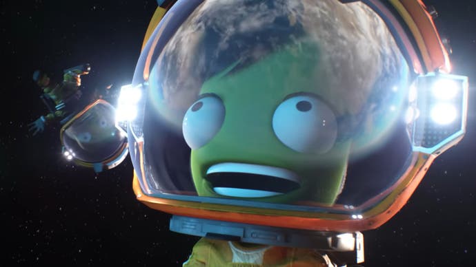 A Kerbal in a space suit smiles with delight