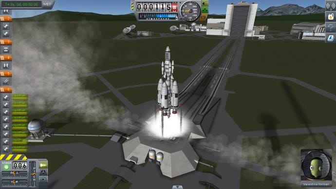 A spaceship attempts to launch in Kerbal Space Program