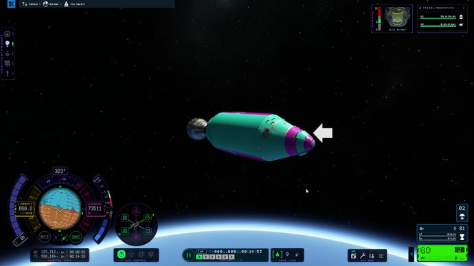 Un cohete en órbita en Kerbal Space Program 2, que muestra una bola de navegación que es mitad azul y mitad marrón debido a la orientación actual del cohete.