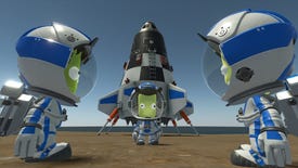 Three Kerbals assemble in front of their rocket ship on a desert planet in Kerbal Space Program 2.