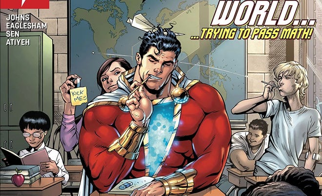 Cover of Shazam comic featuring Shazam sitting at a desk in school, chewing on a pencil