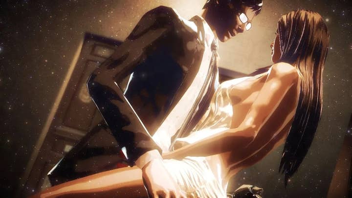 A man in a suit holds a scantily clad woman in a scene from Killer is Dead