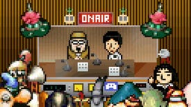 A pixel art scene showing two radio hosts - Yoshiro Kimura and Yamaguchi Quest - talking, while game characters cheer them on outside