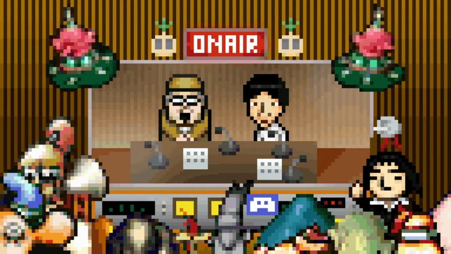 A pixel art scene showing two radio hosts - Yoshiro Kimura and Yamaguchi Quest - talking, while game characters cheer them on outside