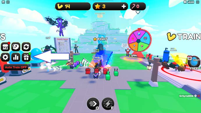 Стрелка, указывающая на подарочную коробку в King of The World Simulator