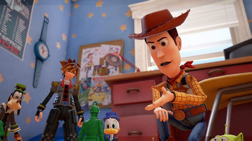 Woody has a go at the soldier toy with Sora and Donald Duck looking on.