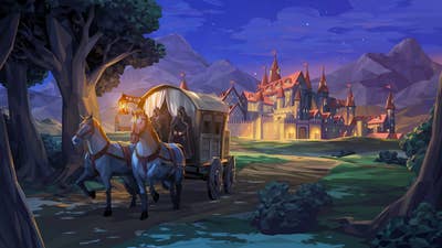 Kingdom Maker promotional art showing two hooded figures on a horse-drawn carriage riding away from a castle at night