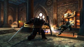 A screenshot of Kingdoms Of Amalur: Re-Reckoning - Fatesworn showing a big knight hitting a little knight with a shield.